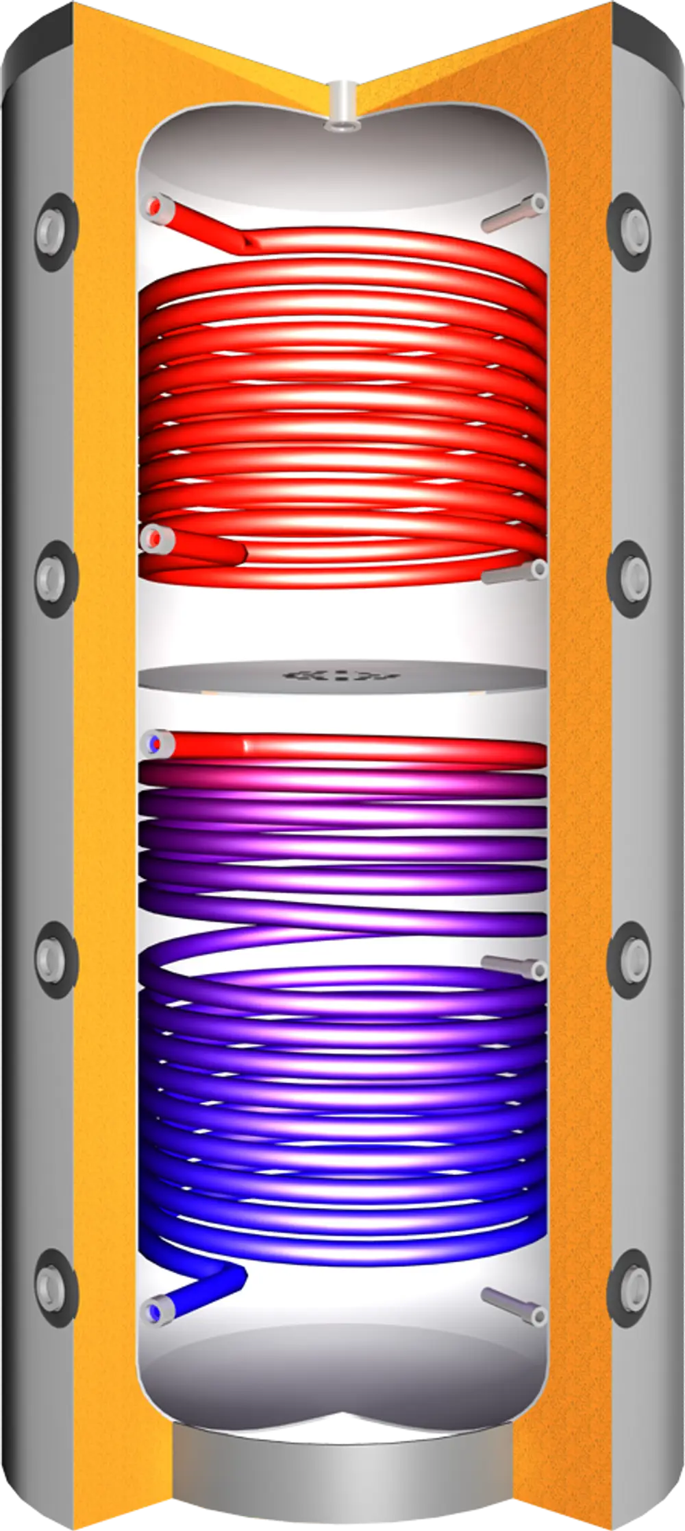 Vertikales Pufferspeichersystem von Juratherm mit spiralförmigen Rohrleitungen in verschiedenen Farben innerhalb eines isolierten Gehäuses.